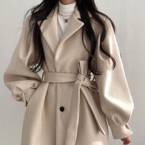 Vintage Fleece Belted A-Line Coat | Lantern Sleeve Midi Trench Style